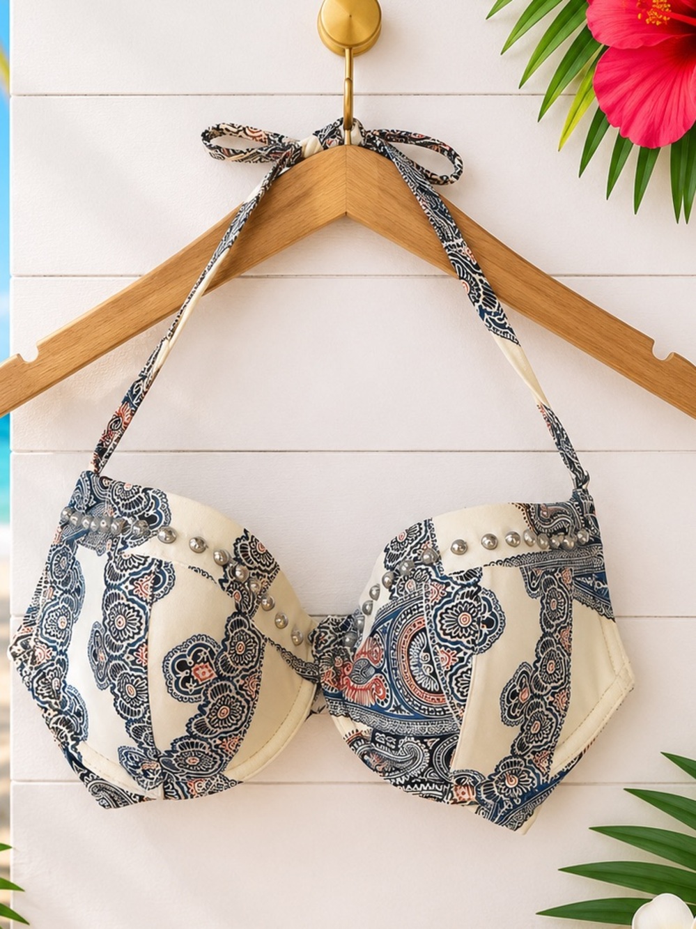 🤍 H&M Paisley Embellished Underwire Bikini Swim Top 36C | Studded